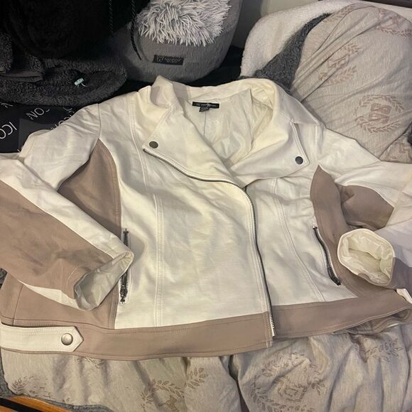 Inc women tan/white natural moto jacket/coat zip up plus size 2xl - Picture 5 of 9